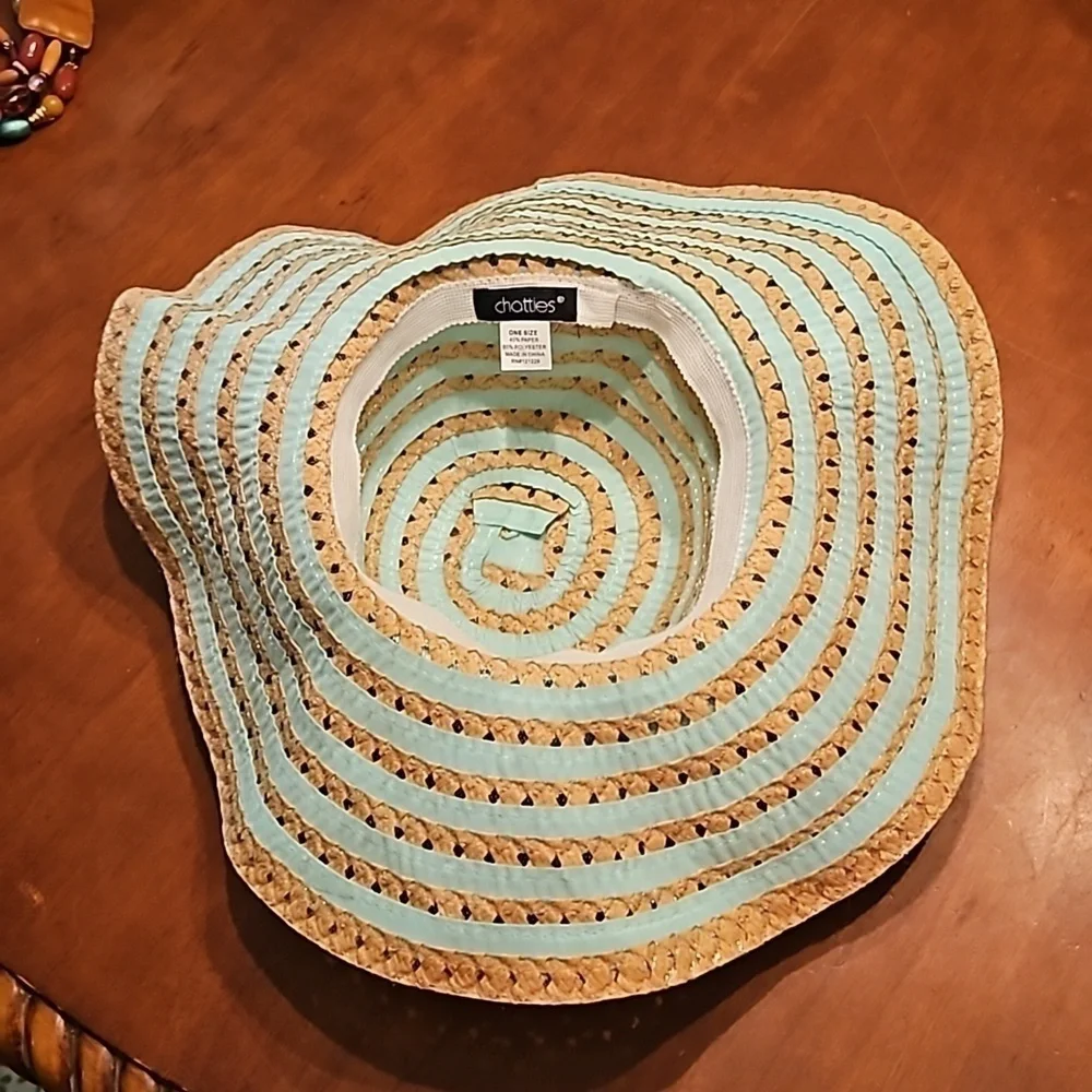 CHATTIES Mint Ribbon Striped Straw Floppy Wide Brim Hat